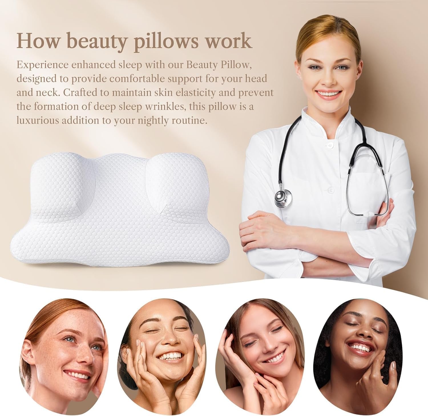 Back Sleeper Beauty Pillow - Anti-Wrinkle & Anti-Aging Memory Foam Pillow, Cervical Neck Pillow for Neck and Shoulder Pain Relief, Back Sleeping Reduces Pressure on Skin - White