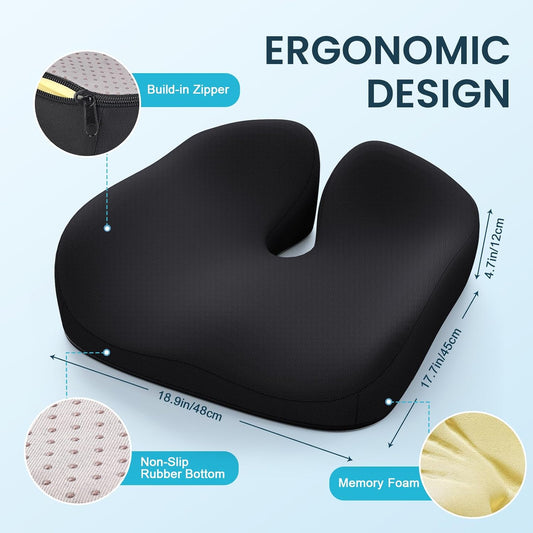Seat Cushion, Memory Foam Cushions for Office Chair - Ergonomic Chair Cushions for Tailbone Pain Relief, Sciatica & Back Support, Office Chair Cushion & Car Seat Cushion